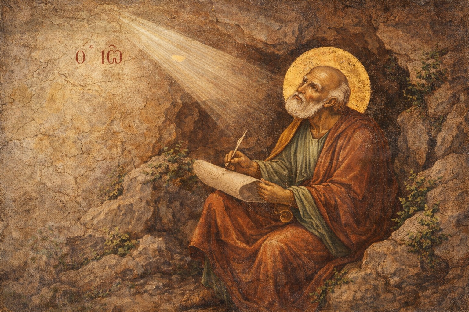 Saint John writing in the cave of Patmos